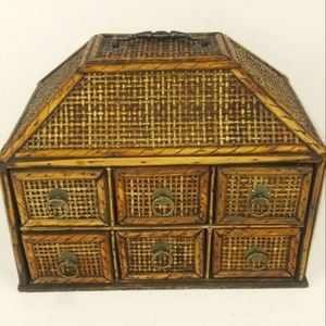 MCM Bamboo and Rattan 6 drawer organizer with handle EUC 1980'S